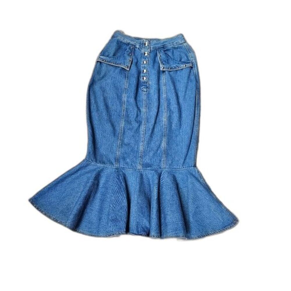 Vintage denim maxi skirt retro studded rockabilly western long skirt curvy Sz 4